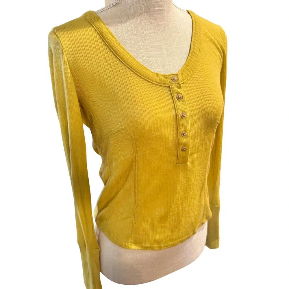 Anthropologie Pilcro Chartreuse Yellow Long Sleeve Henley Top - Picture 2 of 11